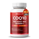 COQ10 + supplément de riz de levure rouge - 10-en-1 Mélange naturel avec Oméga 3 Vitamine B3, K2, D3, Thistle de lait de zinc Poivre noir - 150 Compte - Fabriqué et testé aux États-Unis