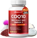 COQ10 + Rote Hefe Reis-Ergänzung - 10-in-1 Natürliche Mischung mit Omega 3 Vitamin B3, K2, D3, Zink Milk Thistle Black Pepper - 150 Count - Made & Tested in USA