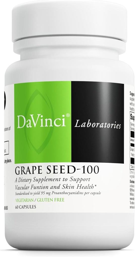 DAVINCI Labs Graines de raisin-100 - Supplément alimentaire pour soutenir le système immunitaire, la fonction vasculaire et la peau saine* - avec 100 mg Extrait de graines de raisin par portion - Sans gluten - 60 capsules végétariennes