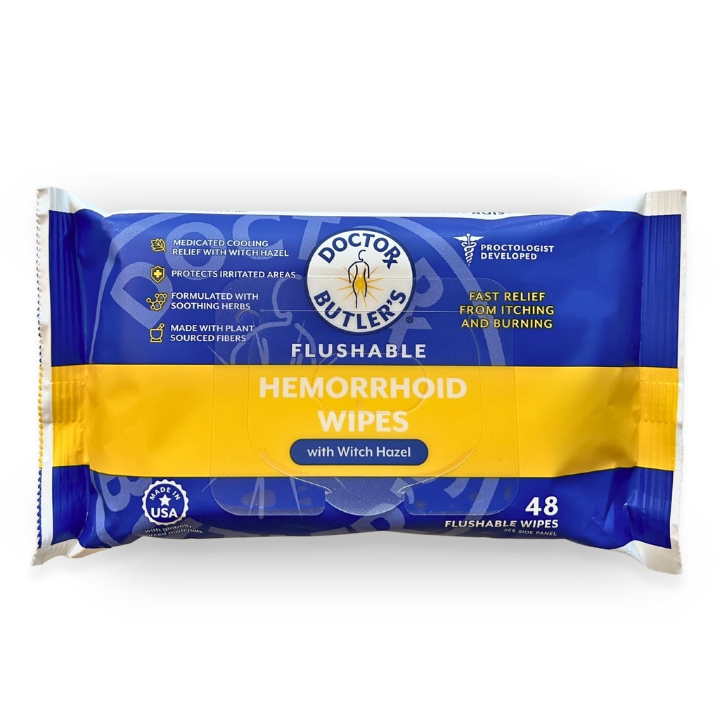 Wipes hémorroïdes flushables du docteur Butler – Wipes hémorroïdes flushables avec la sorcière Hazel pour apaiser et apporter le soulagement du malaise associé aux hémorroïdes (48 Wipes)
