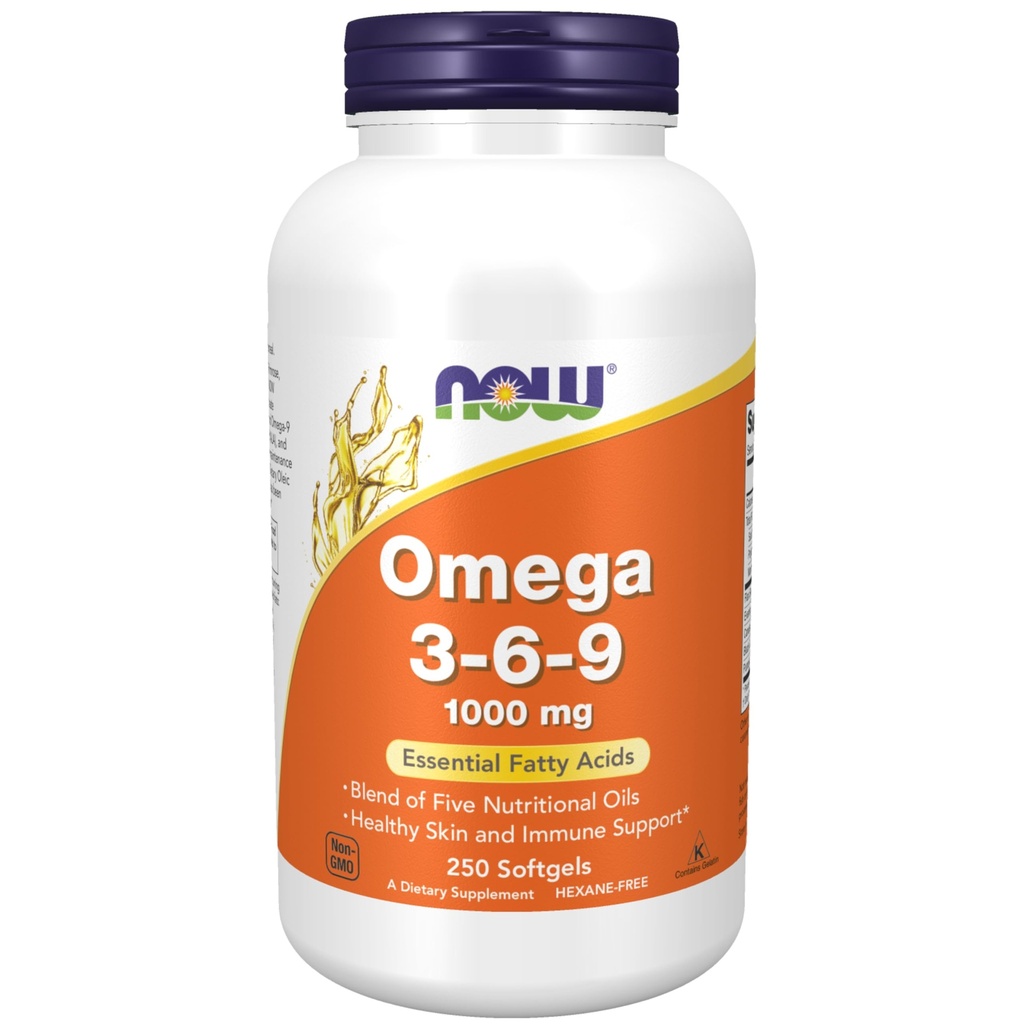 MAINTENANT compléments alimentaires, Omega 3-6-9 1000 mg avec un mélange de graines de lin, de primrose du soir, de canola, de cassis noir et d'huiles de graines de citrouille, 250 softgels