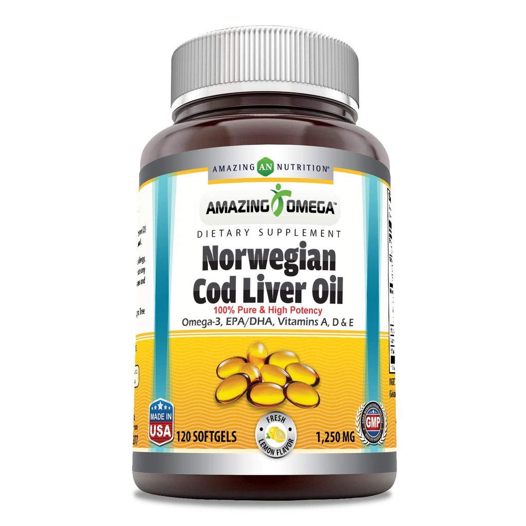 Erstaunlich Omega Norwegian Cod Liver Oil 1250 Mg Softgels Ergänzung | Omega-3, EPA, DHA, Vitamin A, Vitamin D & Vitamin E (Lemon | 120 Count)