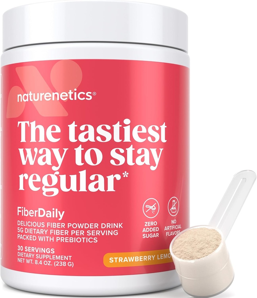 FiberDaily Delicious Fiber Powder - Organisches Psyllium Husk, Agave Inulin & Sunfiber® Guar Gum Erdbeeren-Lemonade-Getränk, Zuckerfrei, lösliche Faser, Prebiotic Fiber Supplement, Vegan, 1 Monat Versorgung
