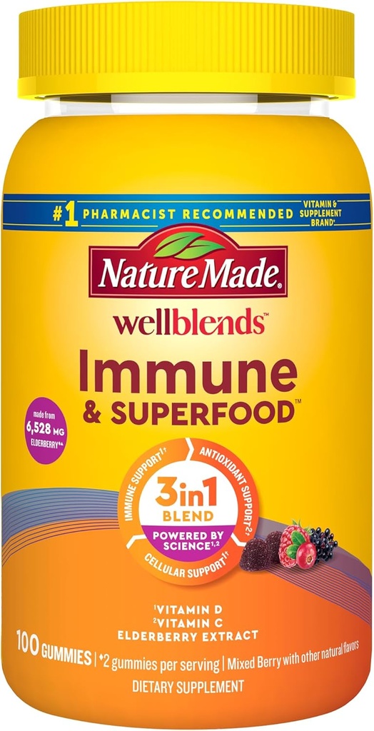 Natur gemacht Wellblends Immun- und Superfood, Elderberry Gummies mit Acerola Kirschextrakt, Plus Vitamin C + Vitamin D, Immununterstützungsergänzung, 100 Gummy Vitamine