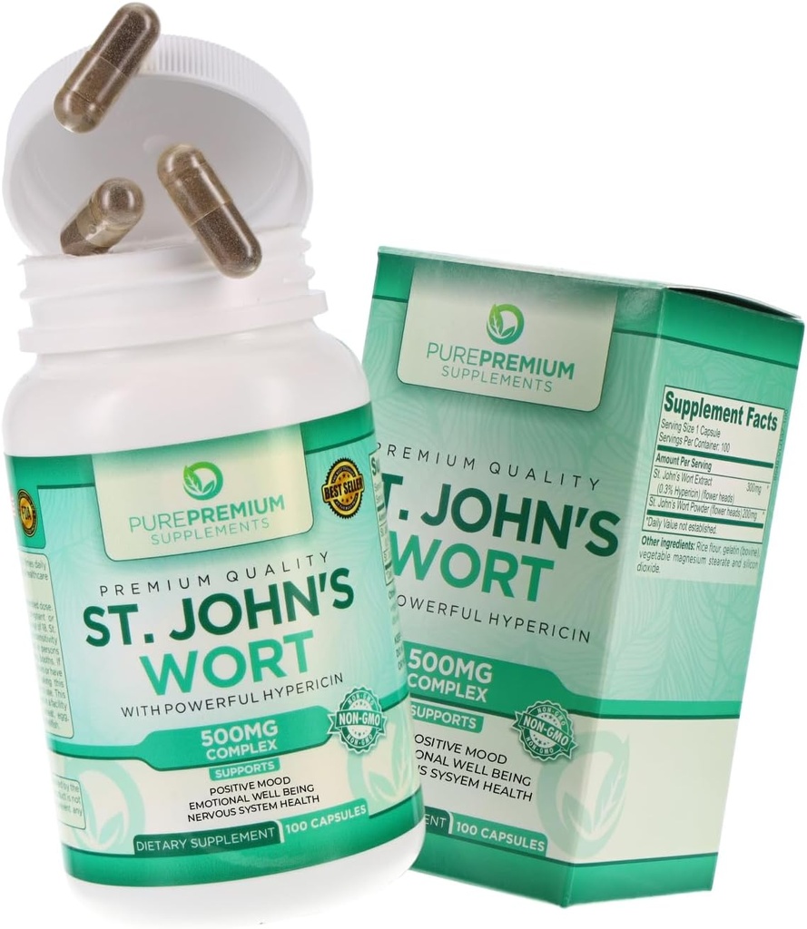 Pure Premium St. Johns Wort Capsules 500mg - Mood Support Supplement - Herbal & Natural Normal Stress Supplements - St John Wort Unterstützung Positive Stimmung für Männer & Frauen - 3 Monate Versorgung - 100 Kapseln
