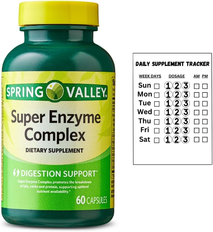 Spring Valley Super Enzyme Complex Nahrungsergänzungsmittel für Verdauungshilfe, 60 Kapseln + Daily Supplement Tracker Aufkleber