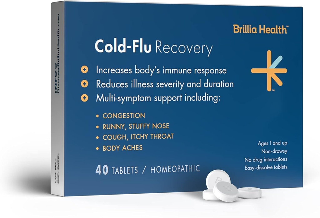 Brillia Health - Cold-Flu Erholung - 40 Tabletten - Homöopathisches Kalt-Flu Relief - Bietet klinisch-Proven Relief für Kälte, Flu & Cough - für Erwachsene & Kinder