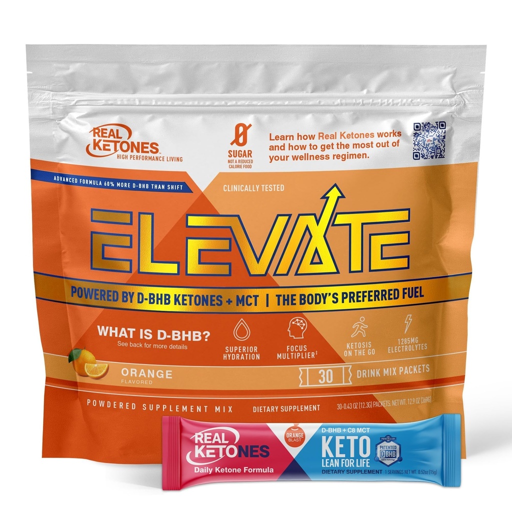Real Cétones MCT & BHB Cétones exogènes Boissons Mélanger Packets Élever Keto Electrolytes Poudre Packets Pas de sucre avec 4 électrolytes principaux Plus hydratant propriétaire Keto BHB - 30 Pack Orange