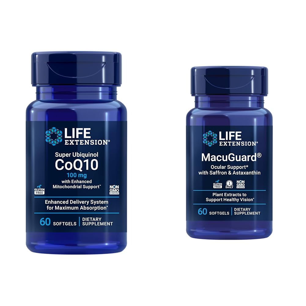 Life Extension Super Ubiquinol CoQ10 Heart Health Cellular Energy 60 Softgels & Macuguard Ocular Support Lutein Zeaxanthin Safran Astaxanthin Eye Health 60 Compte