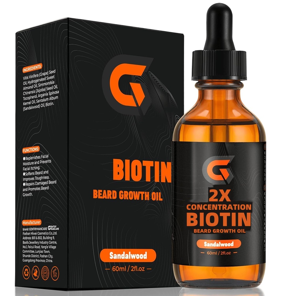 2X Konzentration Biotin Bart Wachstumsöl für Männer - Leave-In Conditioner & Softener - Moisturizes, Diecken, Stärken & Promotes Gesichtshaarwachstum - Bio Argan & Jojoba Öl - 2fl. O