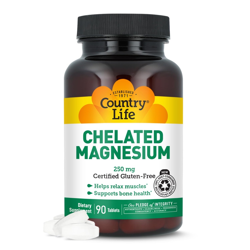 Country Life, Chelate Magnésium 250mg, soutient la santé osseuse et immunitaire, Supplément quotidien, 90 ct