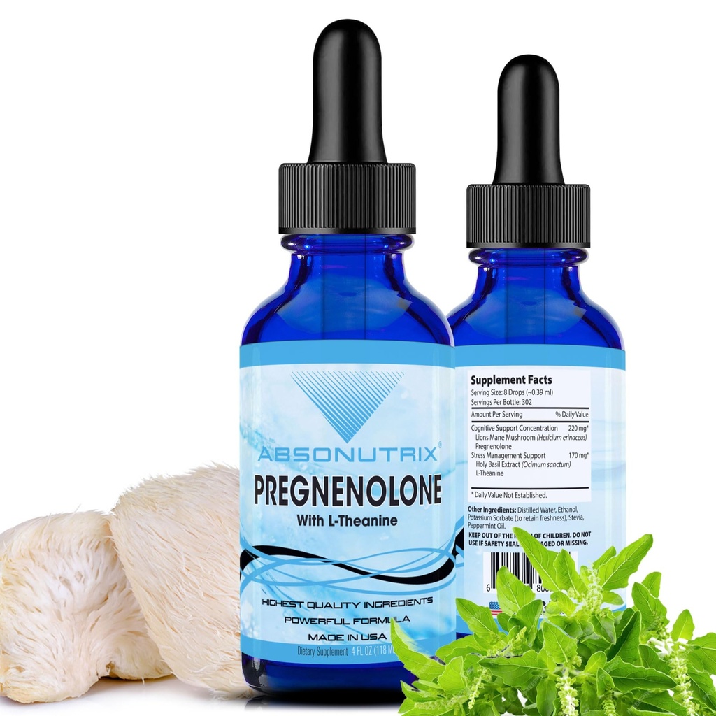 Absonutrix Pregnenolone mit L-Theanin Advanced Formel 390 mg, 4 Oz Liquid, 302 Servierungen, Made in USA, Schnellabsorption, Qualität Potent Ingredients, Non-GMO, GMP Certified Facility
