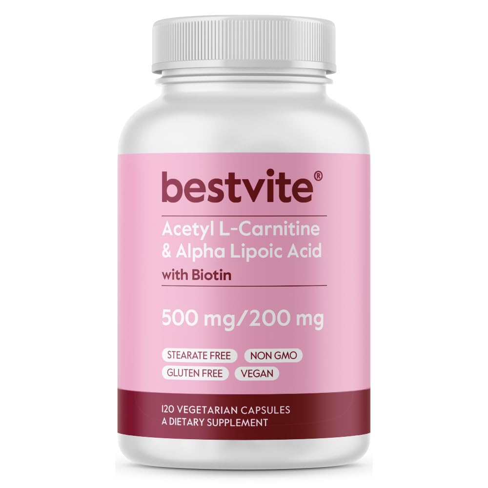 BESTVITE Acetyl L-Carnitin 500mg & Alpha Lipsäure 200mg pro Kapsel mit Biotin (120 vegetarische Kapseln) - No Stearates - Vegan - Non GMO - Glutenfrei