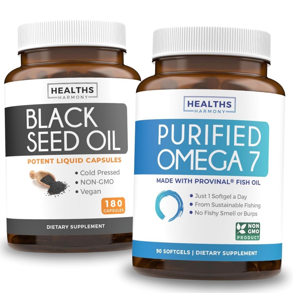 Omega 7 Softgels & Black Seed Oil (3-Monat-Versorgung) Omega Glow Blend Bundle - gereinigte Omega-7 Softgels (90 Softgels) Provinale peruanischen Anchovy und schwarzem Seed Öl (180 Kapseln) kaltgepresstes Öl