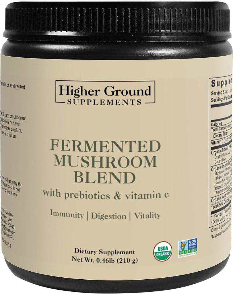 Mélange de champignons fermentés de 6 champignons cultivés de qualité supérieure. Prébiotiques, fibres et vitamine C pour l'immunité.