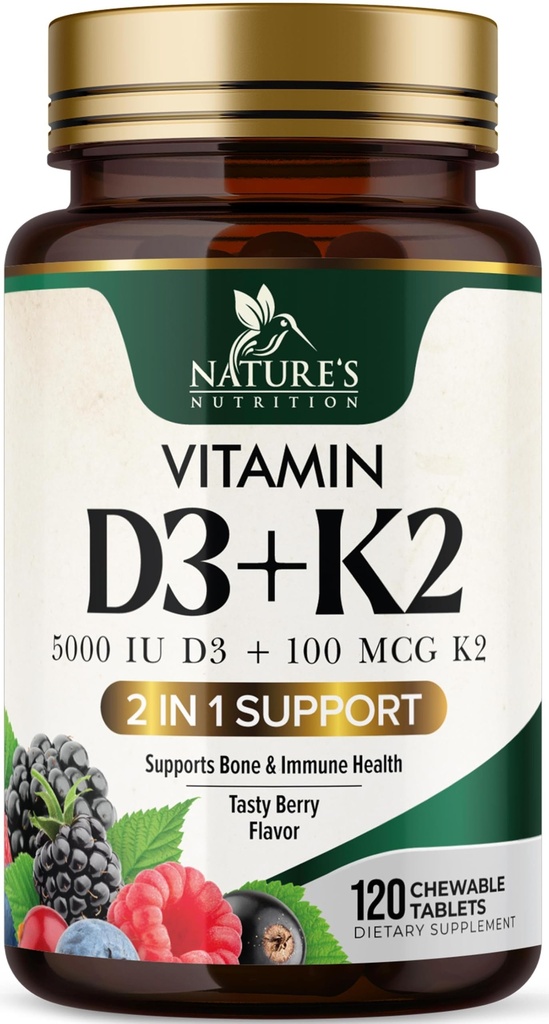 Vitamin D3 K2 Beilage | 5000 IU D3 + K2 100 mcg | MK-7 K2 mit Vitamin D | Unterstützt Immun-, Herz-, Zähne- und Knochengesundheit - Nature's Easy to Chew, VIT D3 K2, Non-GMO, Tasty Berry Flavor - 120 Tabletten