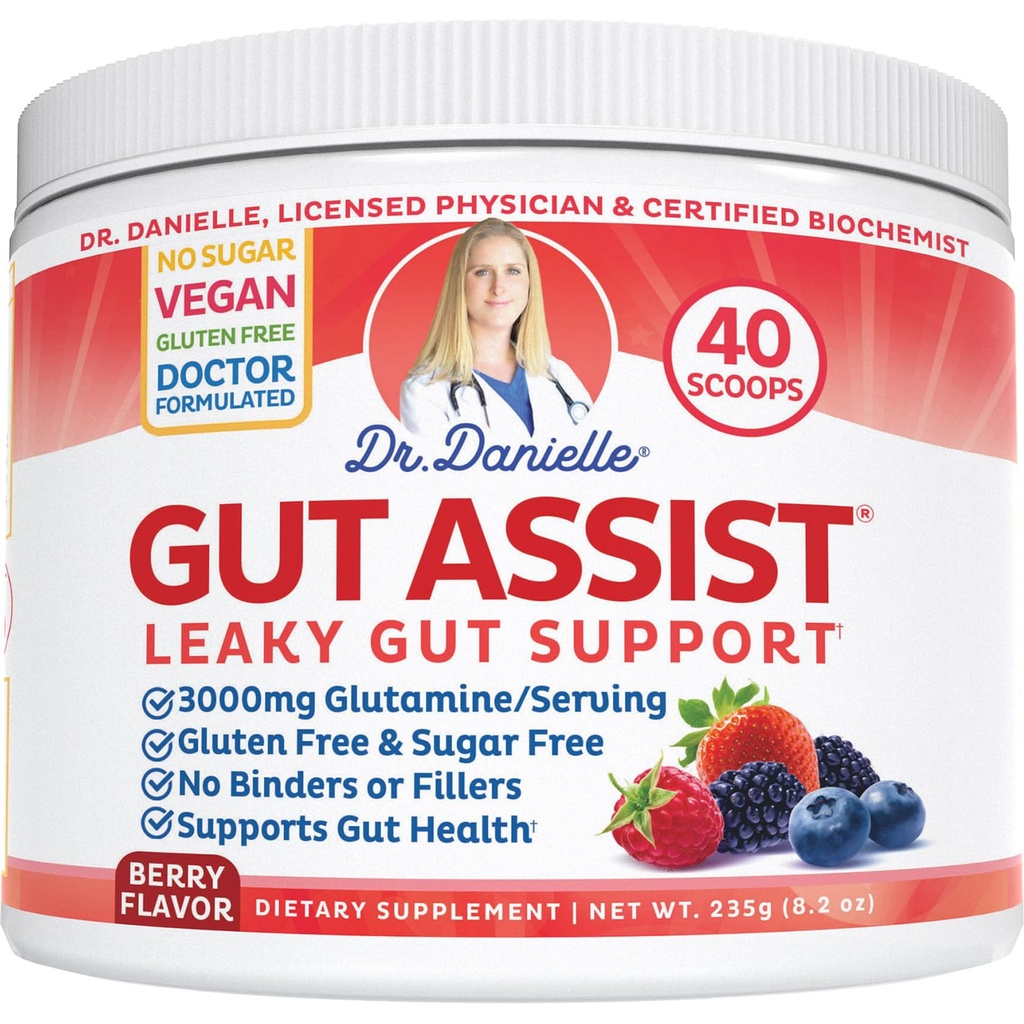 Doctor Danielle Gut Assist - Poudre de supplément de réparation de Gut - Glutamine, Arabinogalactan, Racine de réglisse - Supporte IBS, Heartburn, Bloating, Gas, Constipation, SIBO de, Berry Flavor