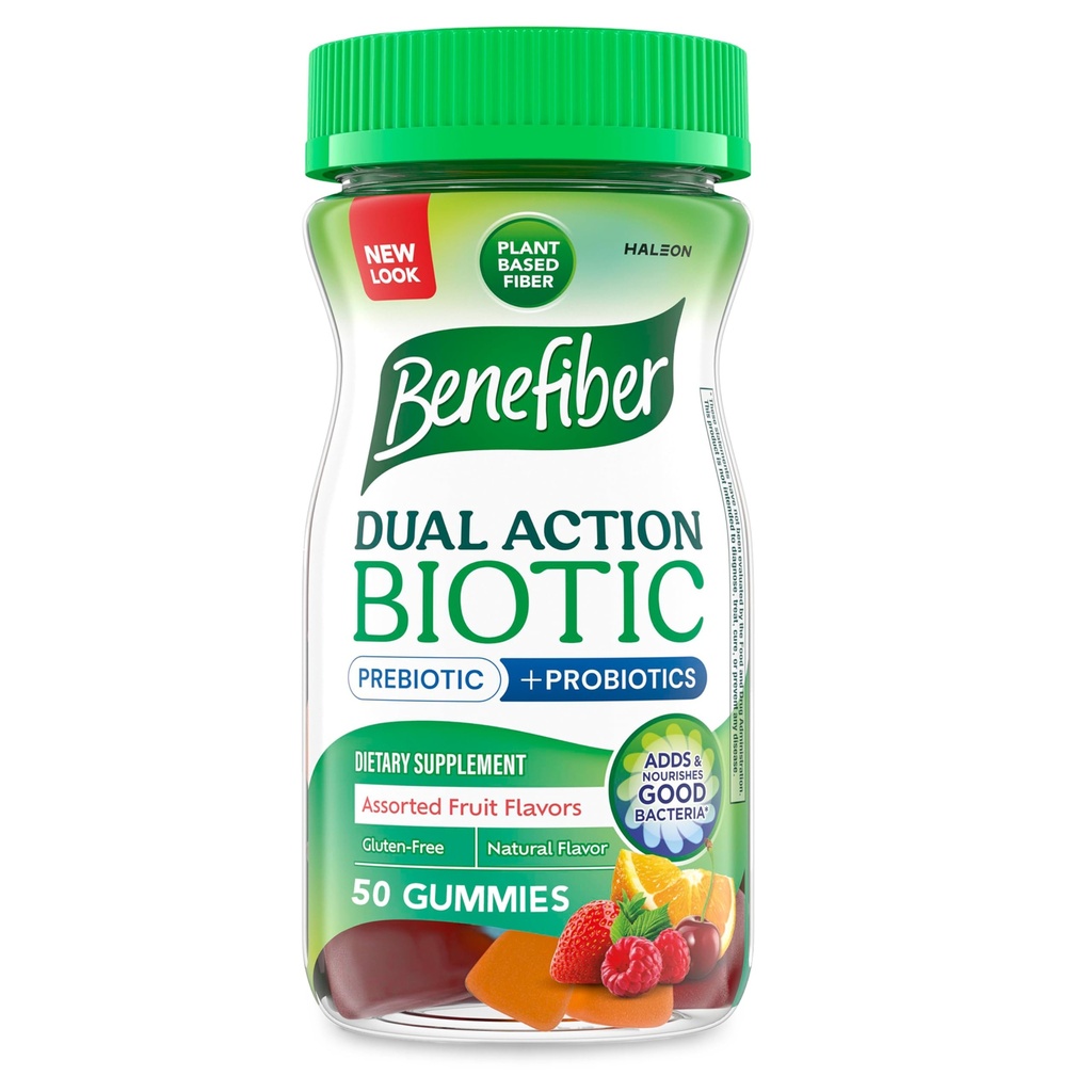 Benefiber Prebiotische Faser-Ergänzung Gummis mit Probiotika für Verdauungs-Gesundheit, sortierte Obst-Flaschen - 50 Zähler