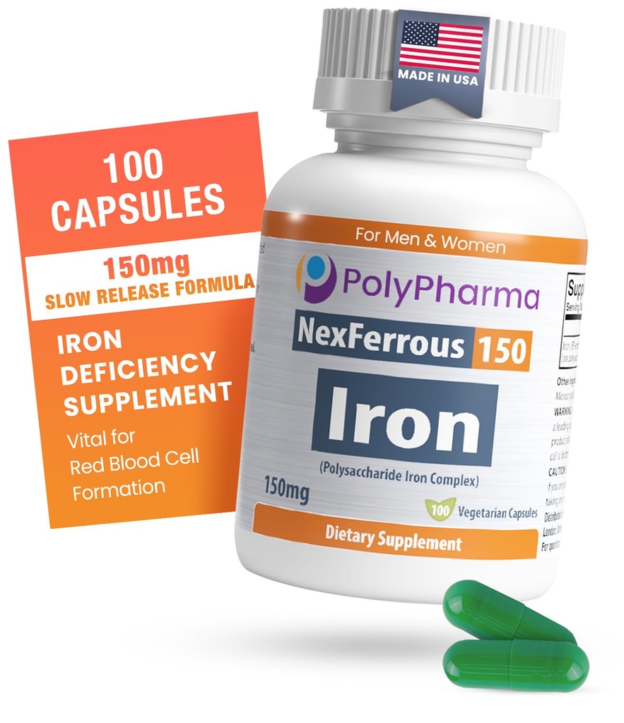 Polysaccharid-Eisen-Komplex 150mg für Anämie-Unterstützung - Prävention und Behandlung von Eisenmangel, unterstützt Red Blood Cells Formation, Gentle on The Stomach, High Potency, USA-Made, 100 Kapseln