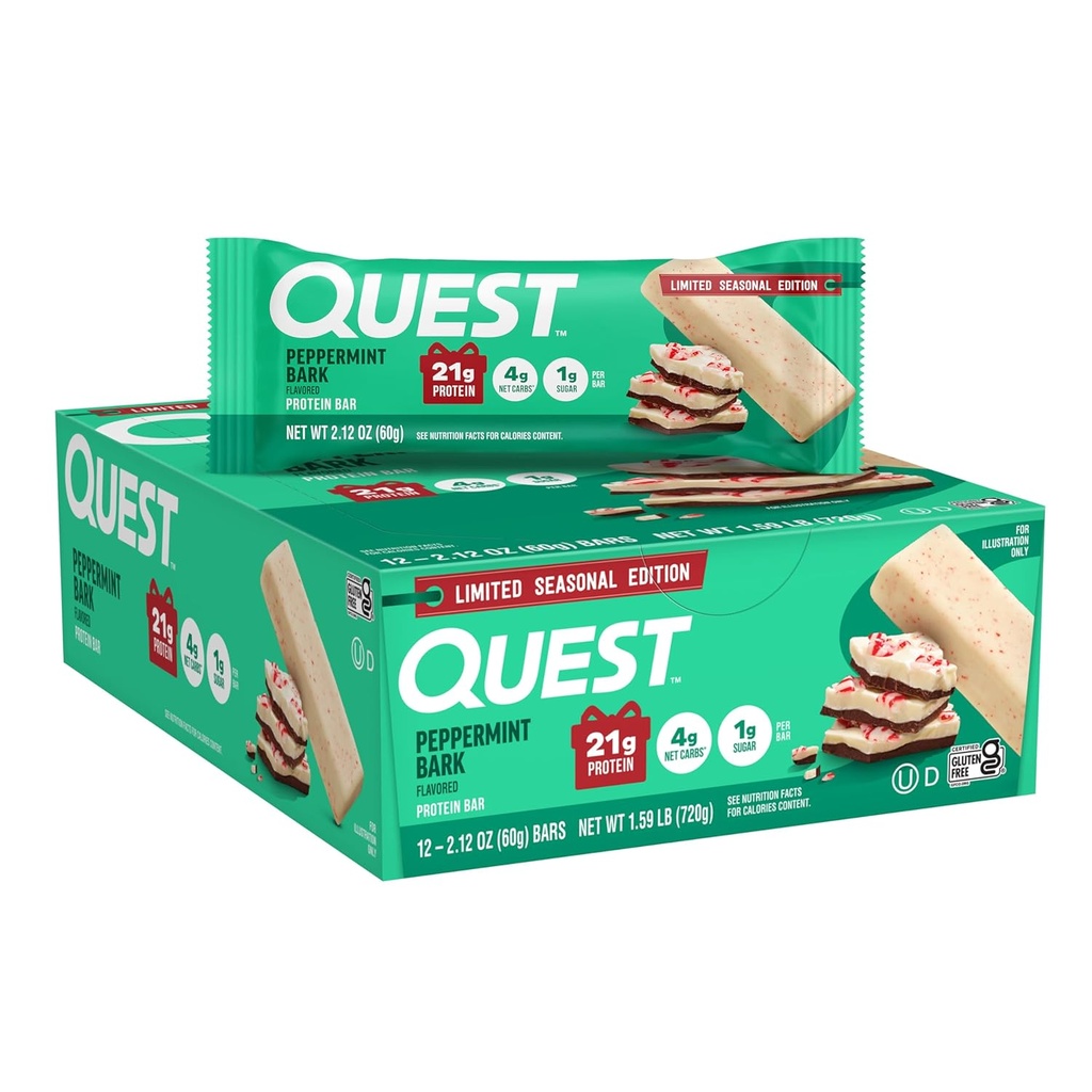 Quest Nutrition Peppermint Bark Protein Bar, 21g Protein, 4g Net Carb, 1g Zucker, Glutenfrei, 12 Count