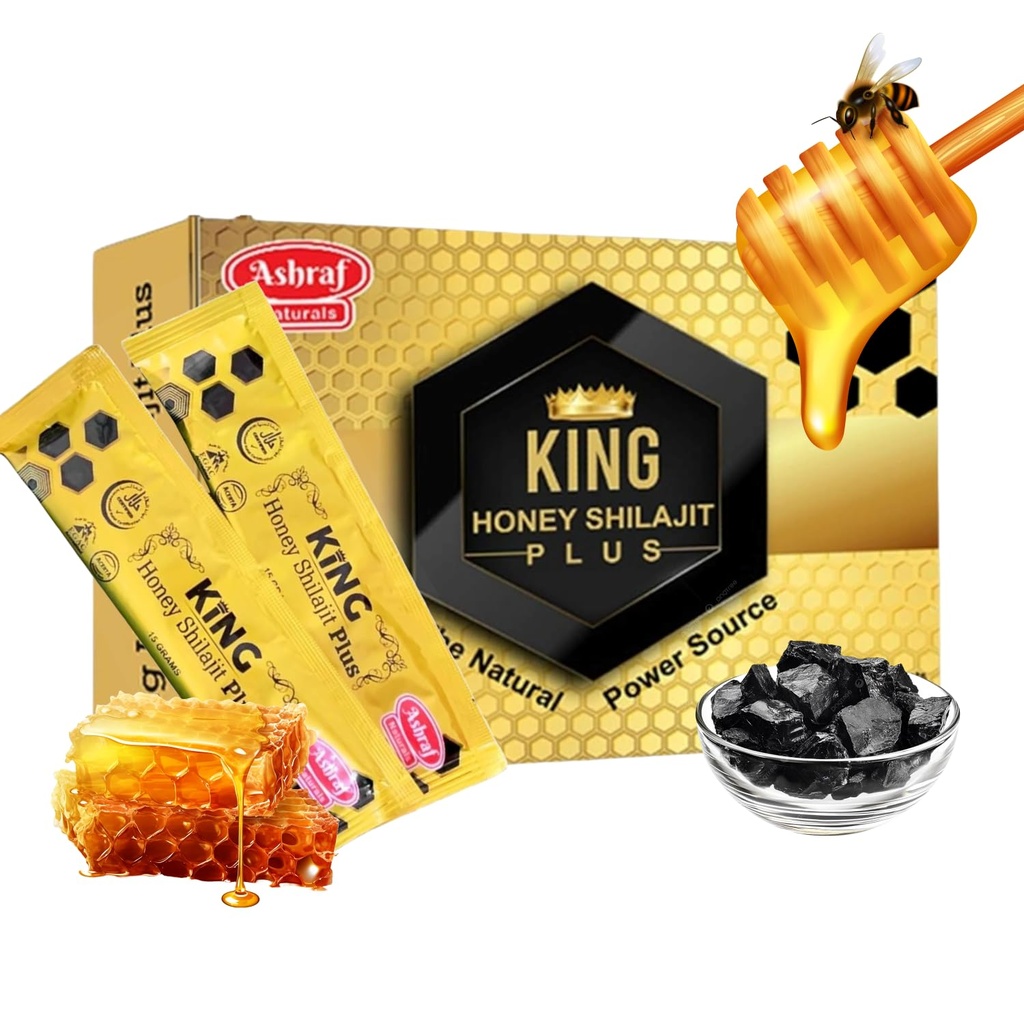 Ashraf Naturals King Honey Shilajit Plus - Premium Honey & Himalayan Shilajit Blend mit Kräuterextrakten, Natürliche Energie & Vitalität Unterstützung,15 Beutel x 15g