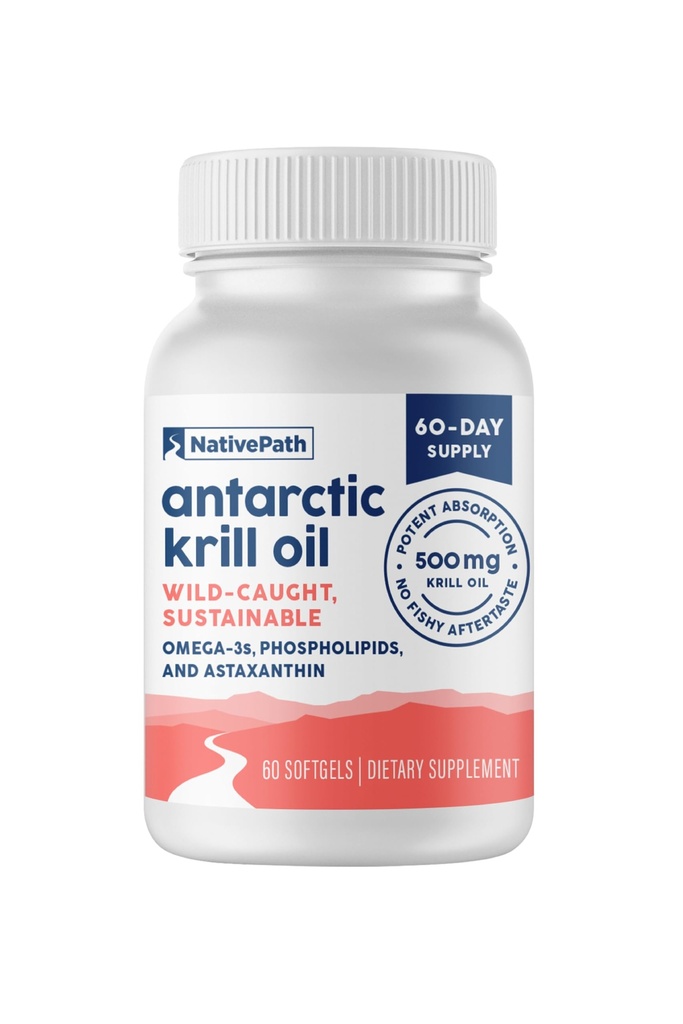 NativePath Antarctic Krill Oil - Wild-Caught Omega 3 Krill Öl 500mg Softgels mit EPA, DHA und Astaxanthin - Ergänzung für Gelenk, Herz, Gehirn und Immunität - 60 ct - Kein Fischiger Nachgeschmack