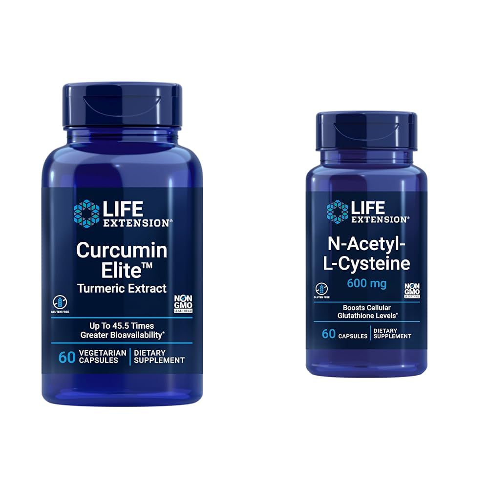Life Extension Curcumin Elite Turmeric Extract & N-Acetyl-L-Cystein (NAC), Immun, Respirator, Lebergesundheit, NAC 600 mg, Potent Antioxidans Support, Free-radicals, Easy to Absorb, 60 Kapseln