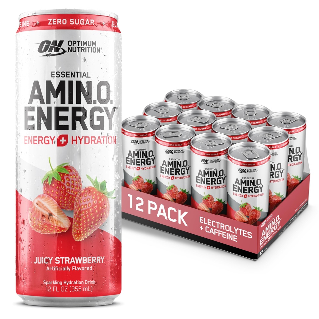 Optimum Nutrition Amino Energy Sparkling Hydration Drink, Elektrolyte, Koffein, Aminosäuren, BCAAs, Sugar Free, Juicy Strawberry, 12 Fl Oz, 12 Pack (Packaging May Vary)
