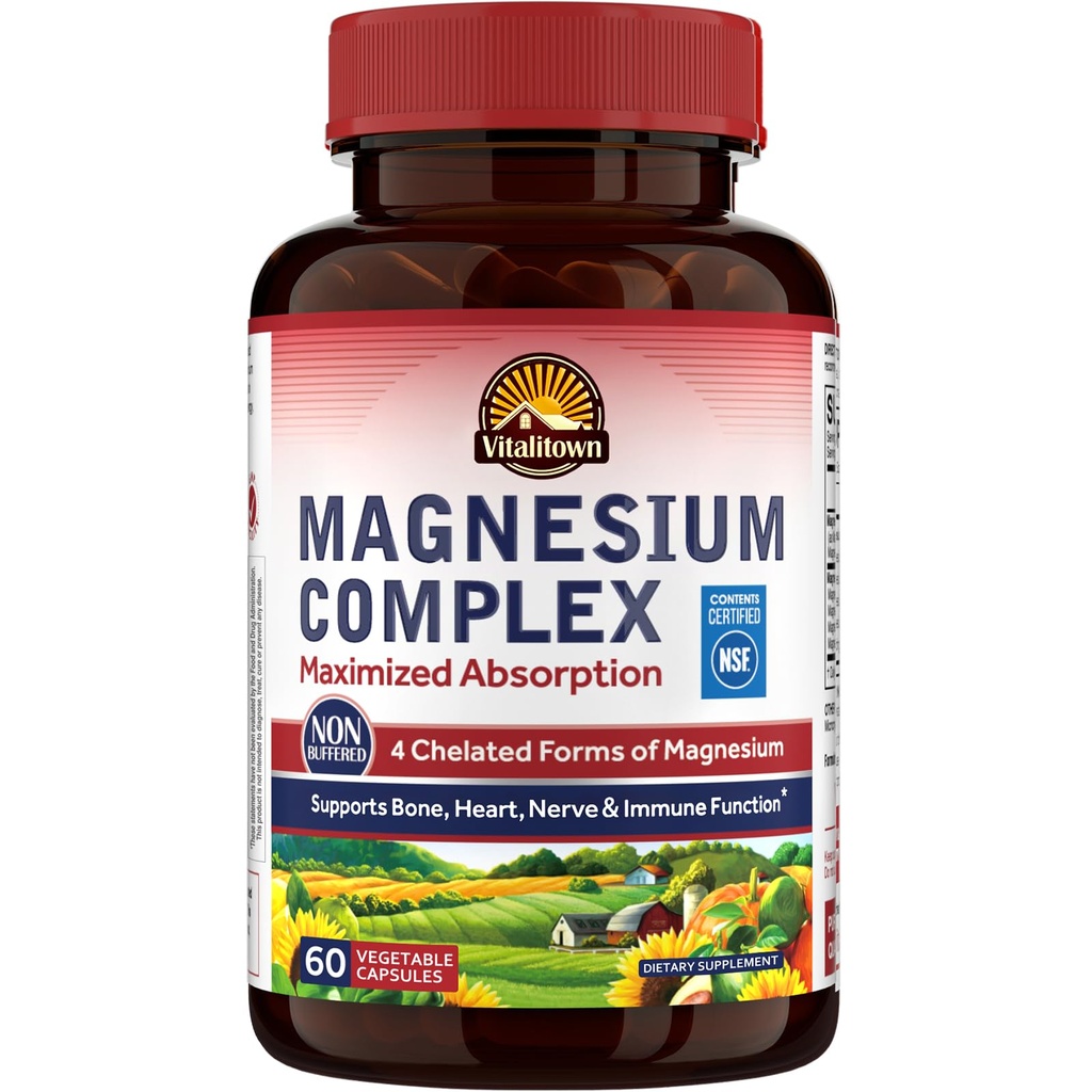 Vitalitown Magnesium Complex Supplement 500mg - NSF Certified Magnesium Glycinate, Malate, Taurate & Citrate - Chelated High Absorption & Gentle on Stomach - Vegan Non-GMO 60 Capsules