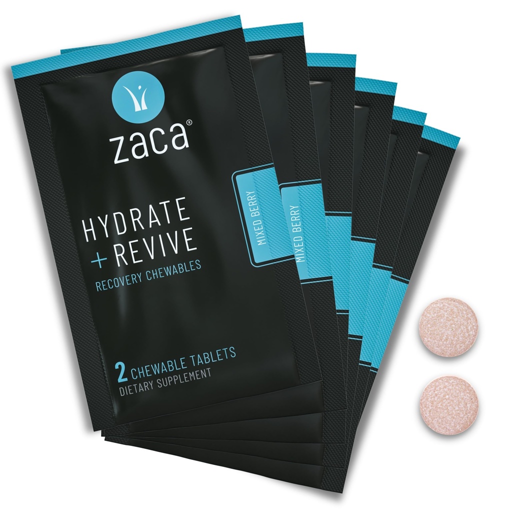 Zaca Erholung Kaubare Ergänzung | Hydrate + Revive | Party, Reisen, Übung & Höhe | Zucker Free & Gluten Free | Mixed Berry, 6 Packungen = 12 Tabletten
