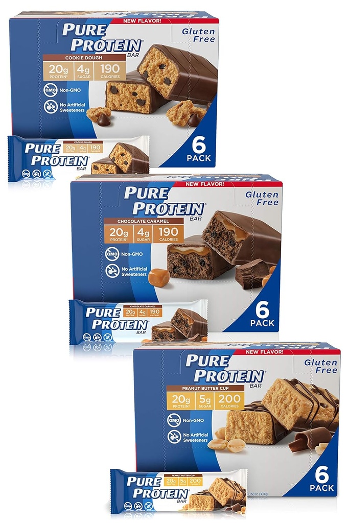 Pure Protein Bars, High Protein, Nutritious Snacks Energie zu unterstützen, Low Sugar, Glutenfrei, Guilt Free Variety Pack (Cookie Dough/Choc Caramel/Peanut Butter Cup), 1.76 Unze, Packung von 18