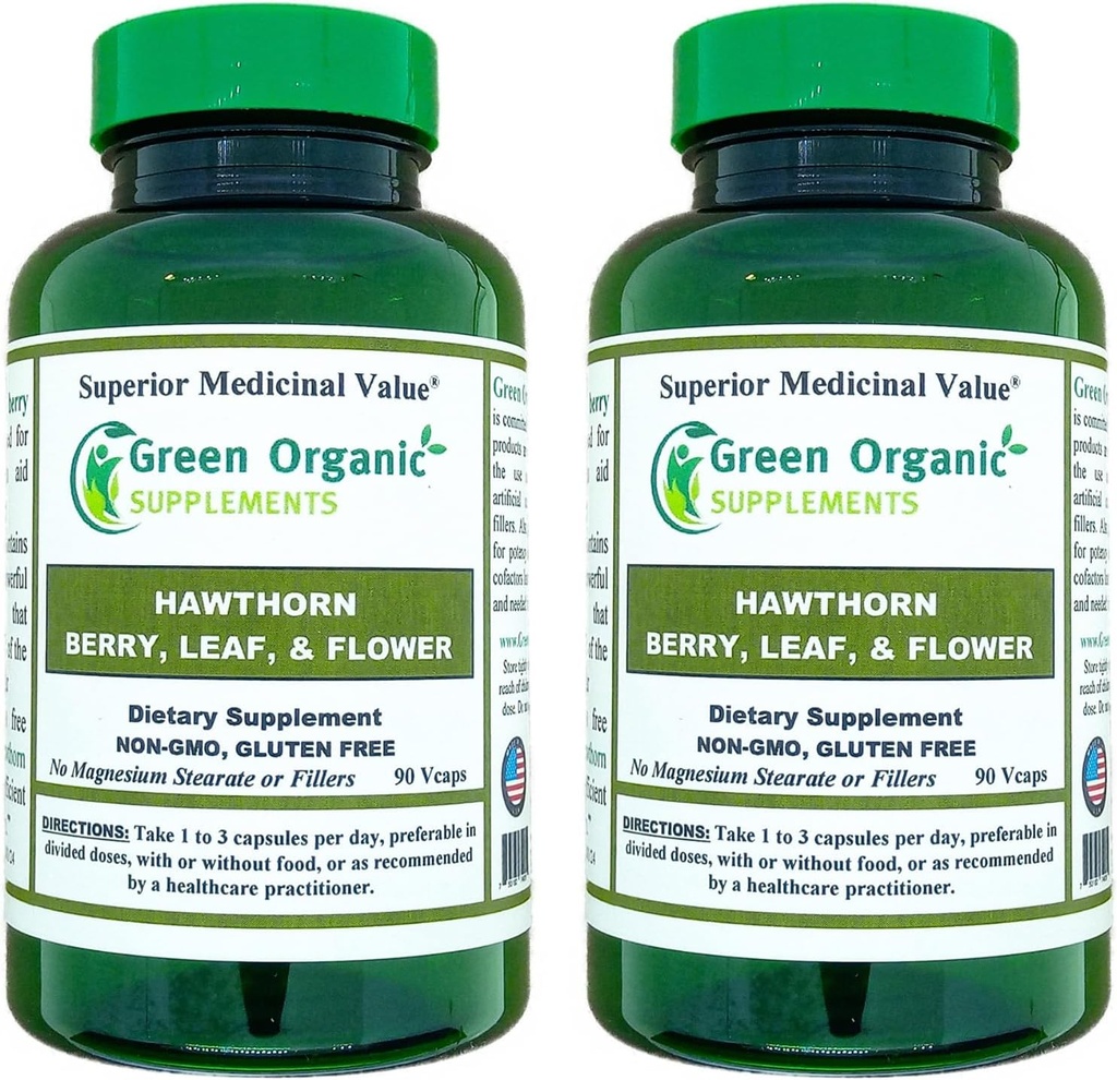 Green Organic Supplements Hawthorn Berry Capsules, Blatt, Blume, Hawthorn Ergänzungen Enthält 90 Kapseln, natürliche Hawthorn Kräuter für Herz-Kreislauf-Gesundheit & Natürliche Herzpflege (Pack von 2)