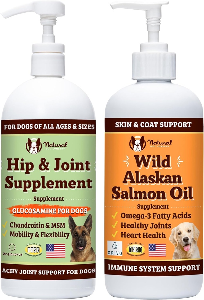 Natural Dog Company 32 oz. Bundle mit Wild Alaskan Lachsöl und flüssigem Glucosamin für Hunde, Fish Oil Supplement, Joint and Hip Support