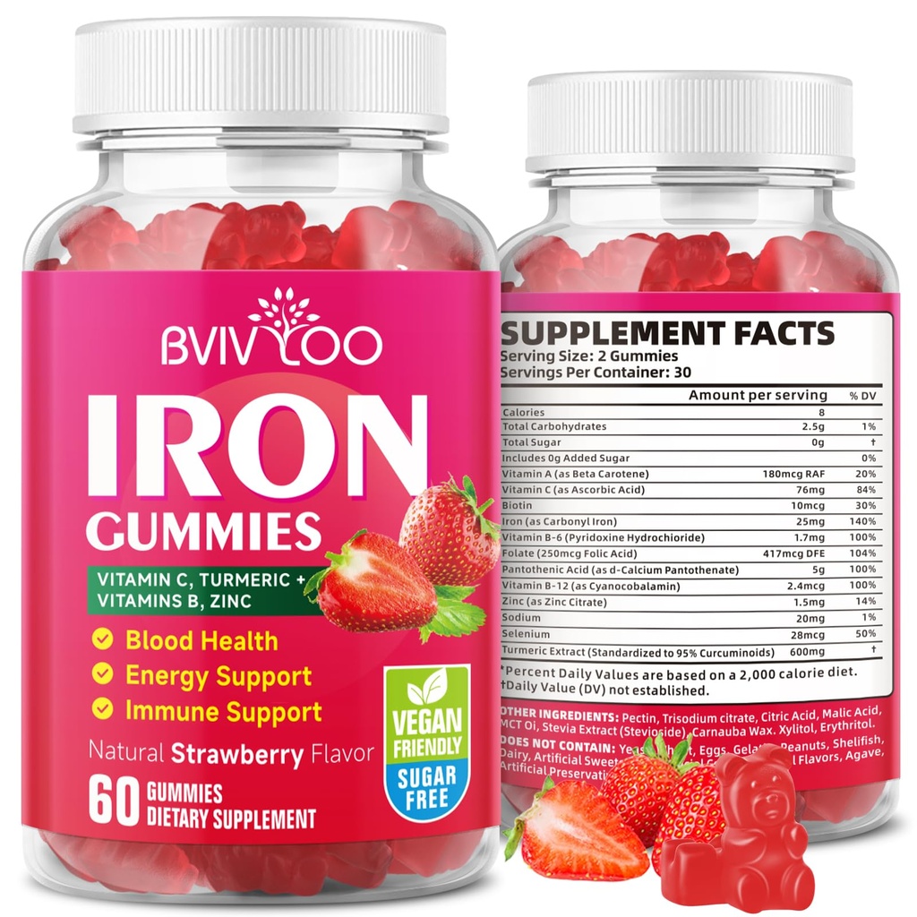 Vegane Eisengummis für Erwachsene & Kinder - mit Vitamin C, A, B-Komplex, Folate, Zink und Biotin - für Blutbau und Energieunterstützung, 60 Gummis