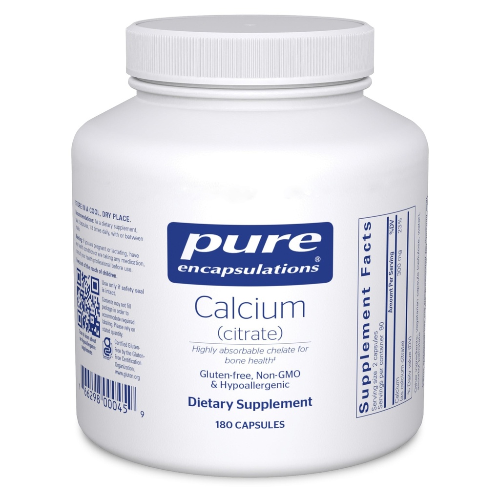Encapsulations pures Calcium (Citrate) - Supplément pour le soutien de la santé des os, des dents, des colonies et des maladies cardiovasculaires* - avec citrate de calcium Premium - 180 capsules