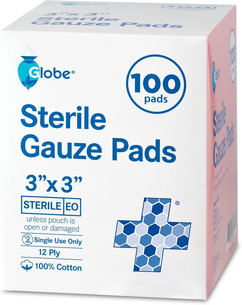Globe 3''' x 3'' Advanced Sterile Gauze Pads, 100-Pack Individuell verpackt - 12-Ply Cotton for Wound Care Dressing, Highly Absorbent Bandages for Home & Emergency Use - Travel & First Aid Kit Essential