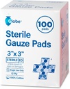 Globe 3''' x 3'' Advanced Sterile Gauze Pads, 100-Pack Individuell verpackt - 12-Ply Cotton for Wound Care Dressing, Highly Absorbent Bandages for Home & Emergency Use - Travel & First Aid Kit Essential