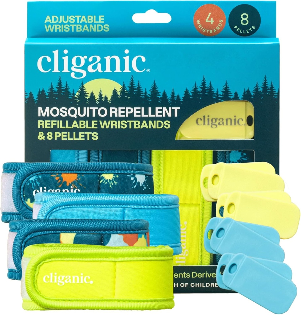 Cliganic Moskito Repellent Pack (4 Armbänder + 8 Refill Pellets) - einstellbar, natürlich DEET-frei, ätherisches Öl infundiert