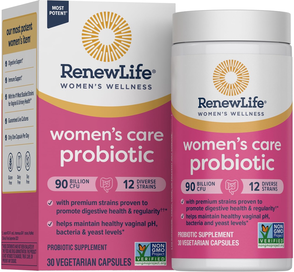 Renouveler la vie Capsules probiotiques pour femmes, soutient l'équilibre du pH pour les femmes, la santé vaginale, urinaire, digestive et immunitaire, L. Rhamnosus GG, laiterie, soja et sans gluten, 90 milliards CFU - 30 Ct