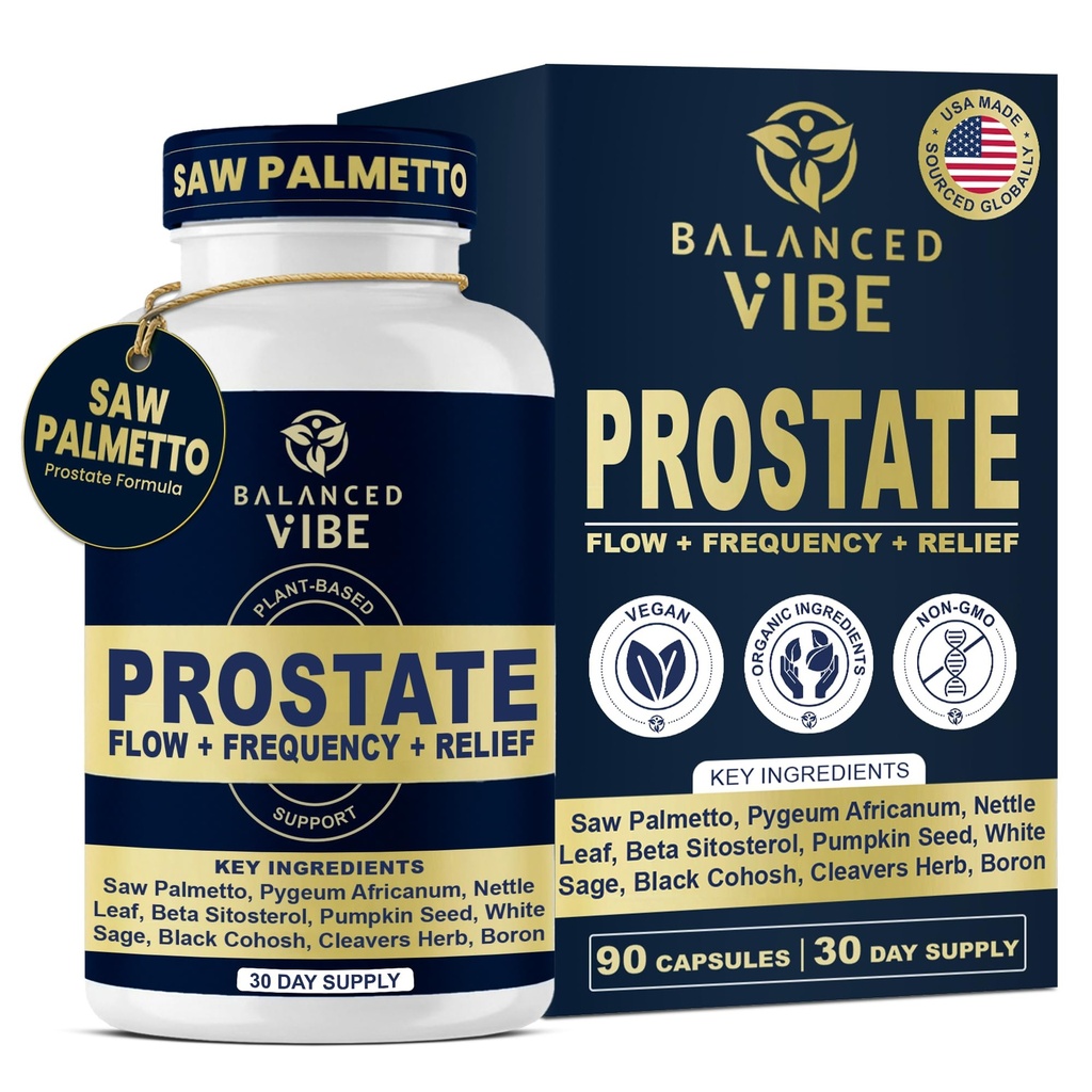 Supplément équilibré de support de la prostate Vibe pour les hommes Formule biologique à base de plantes avec Saw Palmetto, Pygeum et Beta-Sitosterol