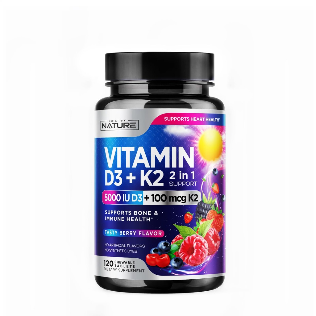 Vitamin D3 K2 – Chewable Vitamin D 5000 IU & K2 MK-7 100 mcg – 2 in 1 Vitamin D K2 Supplement Chews - Immune, Heart, & Bone Support – Non GMO - Tasty Berry Flavor - 120 Chewable Tablets