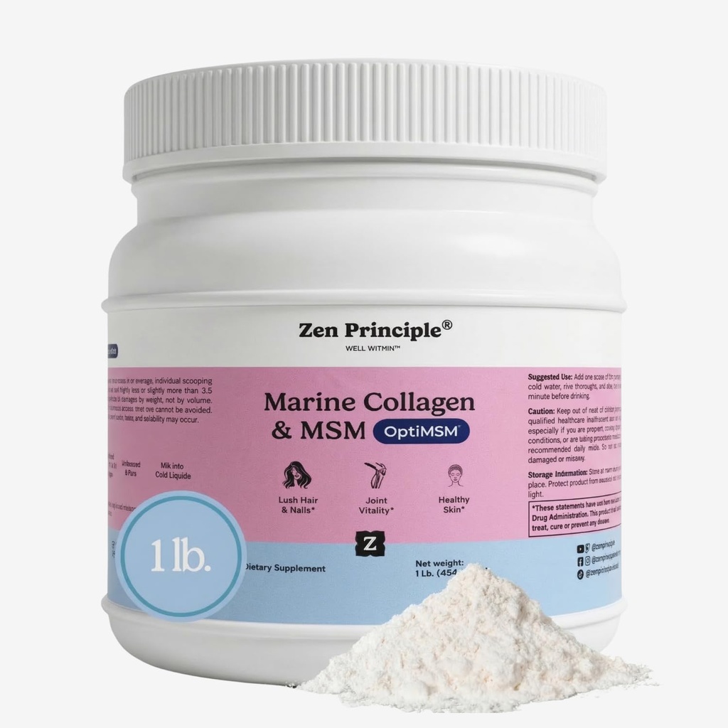 Principe Zen Poudre de Peptides de Collagène Marine avec Supplément OptiMSM®. Testé cliniquement pour le soutien cutané. Poisson sauvage, non OGM. Conteneur 16 oz