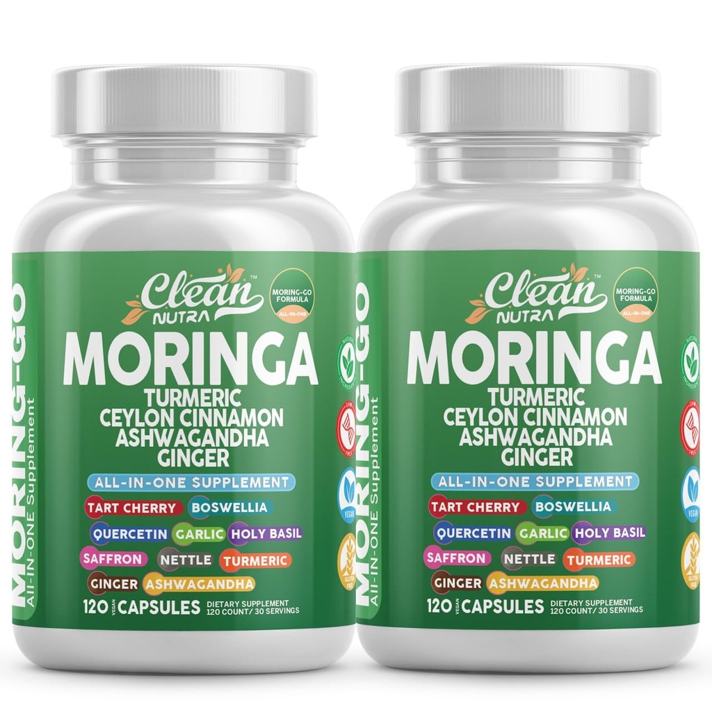 Moringa Pulver Kapseln + Turmeric Moringa Blatt Ceylon Cinnamon Ashwagandha Ginger Tart Cherry Boswellia Quercetin Knoblauch Heilige Basil Saffron Nettle Schwarz Pfeffer Moring-Go Ergänzung von Clean Nutra (2)