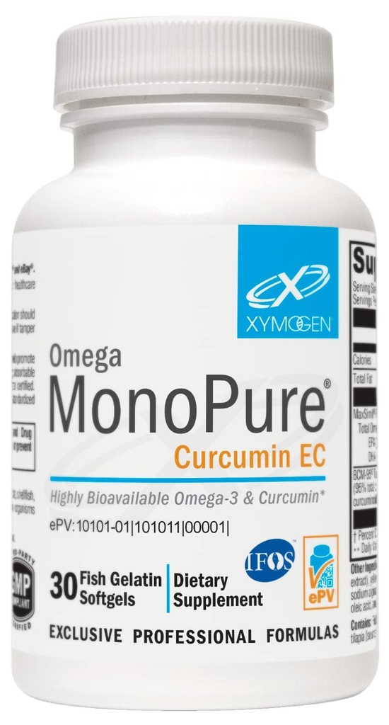 XYMOGEN Omega MonoPure Curcumin EC - Fischöl mit Enhanced DHA EPA Absorption + Turmeric Extract - Omega-3 Supplement für Cytokine Balance Unterstützung (30 Softgels)