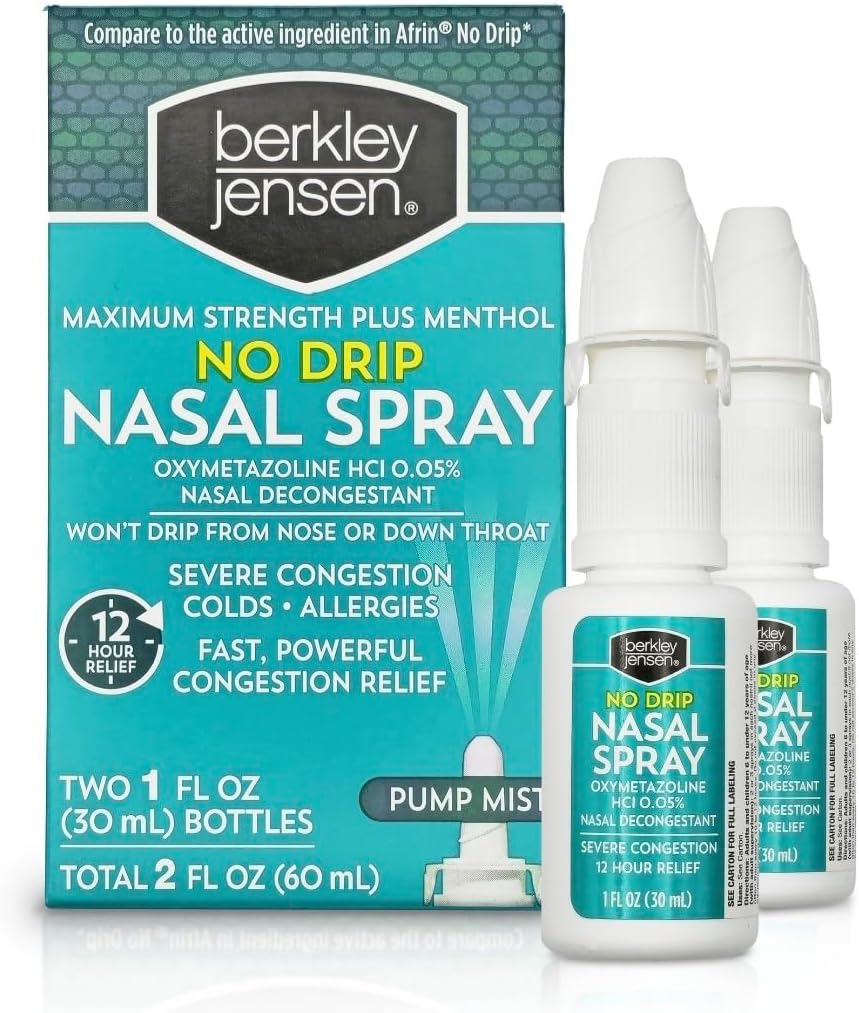 berkley jensen No Drip Severe Congestion Nasal Spray - Maximale Stärke Dekongestant mit Oxymetazolin HCl & Menthol - Pump Mist Applicator, kein Steroid, 12 Stunden Relief, 1 Fluid Unze (Pack von 2)