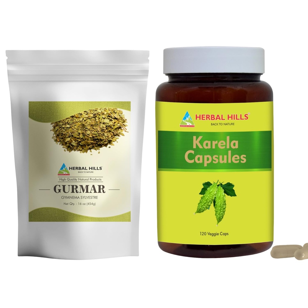 HERBAL HILLS Gurmar Tea Powder et Karela Capsules Pack de 2 Combo