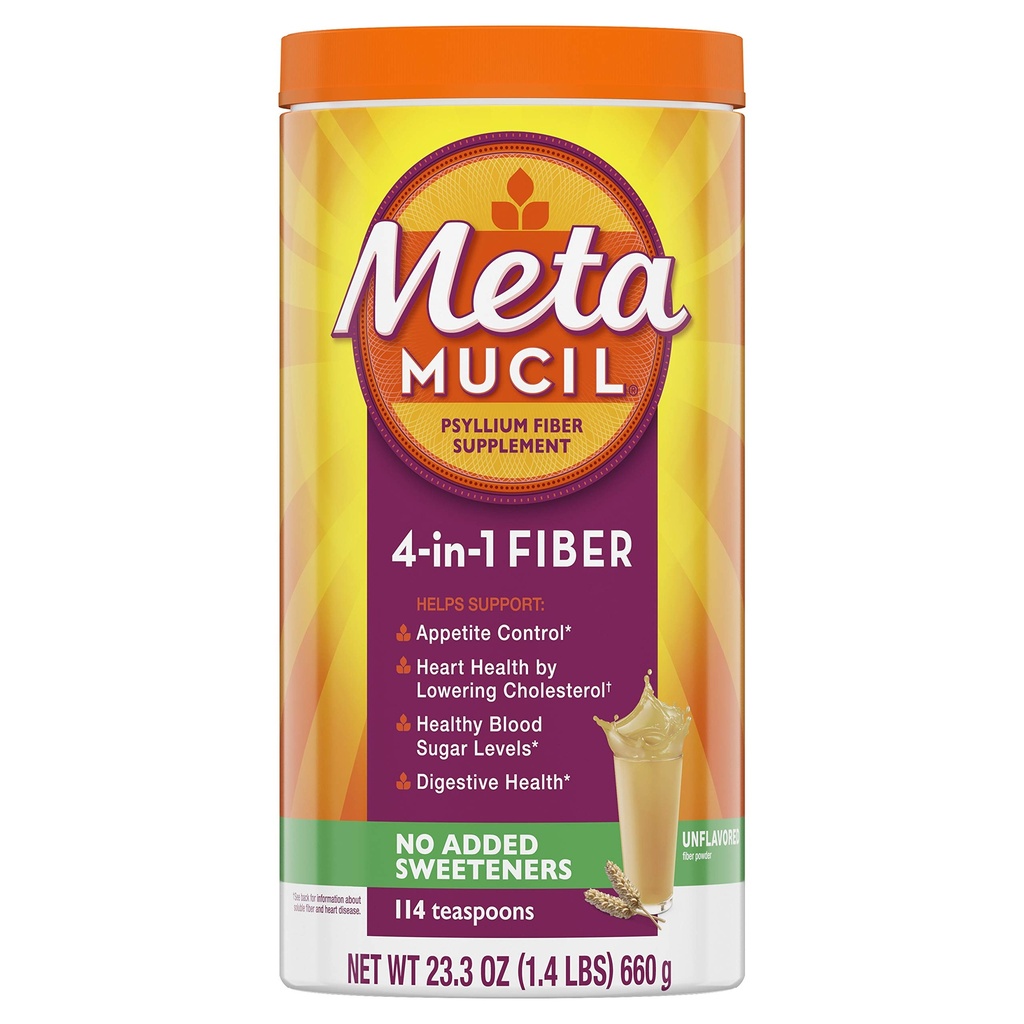 Metamucil Fiber, 4-in-1 Psyllium Fiber Supplement, Sugar Free Powder, Unflavored Drink, 114 Portionen (Packaging Mai Vary)