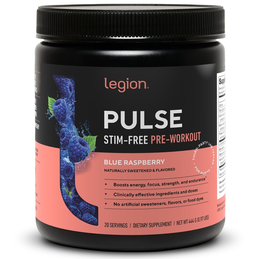LEGION Pulse Pre Workout Supplement - Alle natürlichen Nitric Oxide Preworkout Trinken, um Energie zu steigern, Kreatin frei, natürlich gesüßt, Beta Alanine, Citrulline, Alpha GPC (Koffein Free Blue Razz)