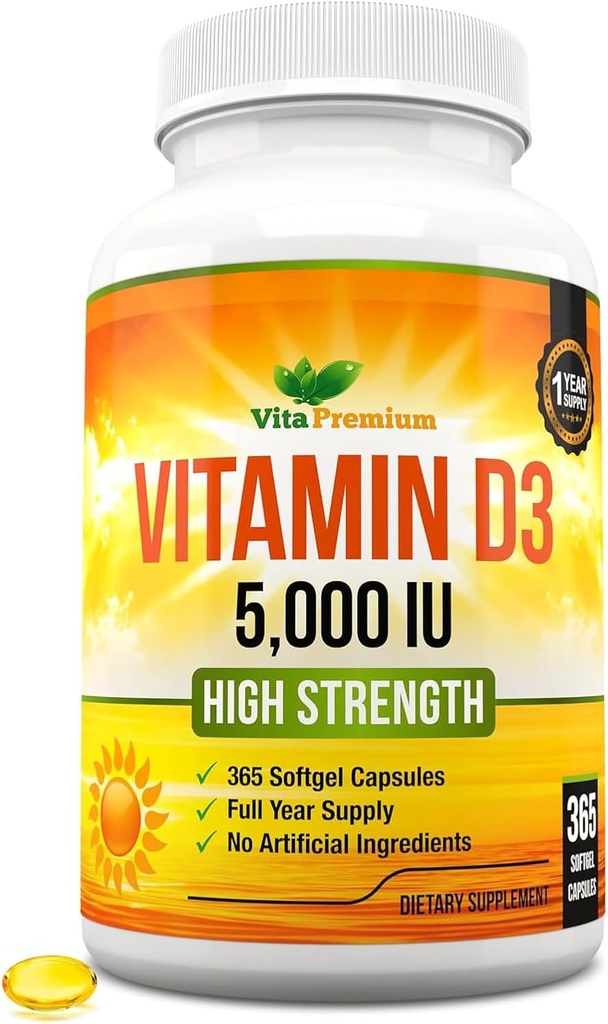 Vitamin D3 5000 IU, 365 Easy-Swallow Softgels, Hohe Stärke Vitamin D 5000 IU Supplement - Volljährige Versorgung