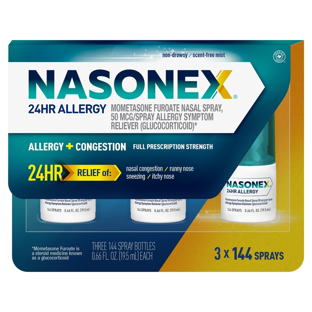 Nasonex 24HR Allergy Nasal Spray, Non-Drowsy, Scent-Free Mist,Allergy Symptome + Nasal Congestion, Volle Rezeptstärke, 120 Sprays (3 Pack)